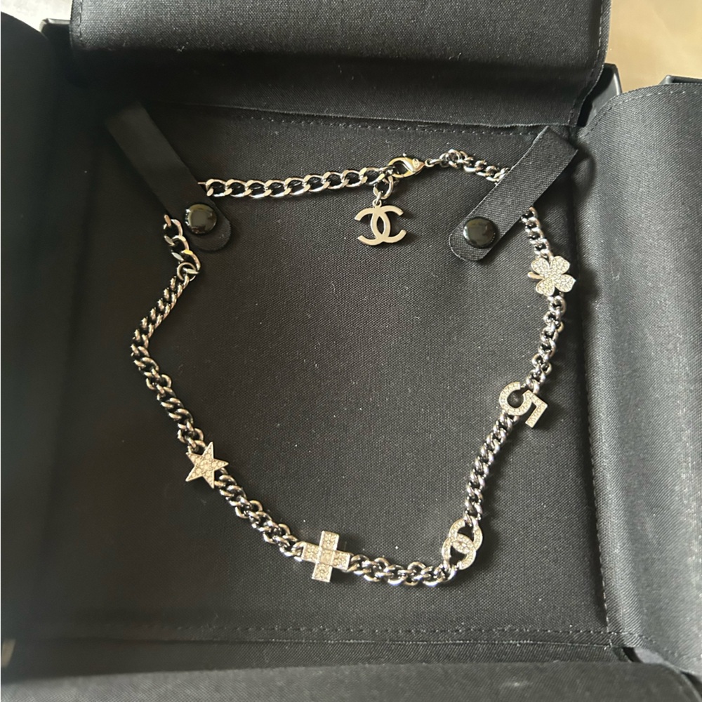 CHANEL Silver-Tone Charm Chain choker with CC, 5 and Star Charms